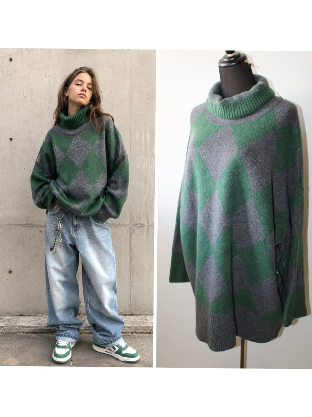 Free People Harley Sweater Green & Grey size M over Argyle Pattern Turtle Neck